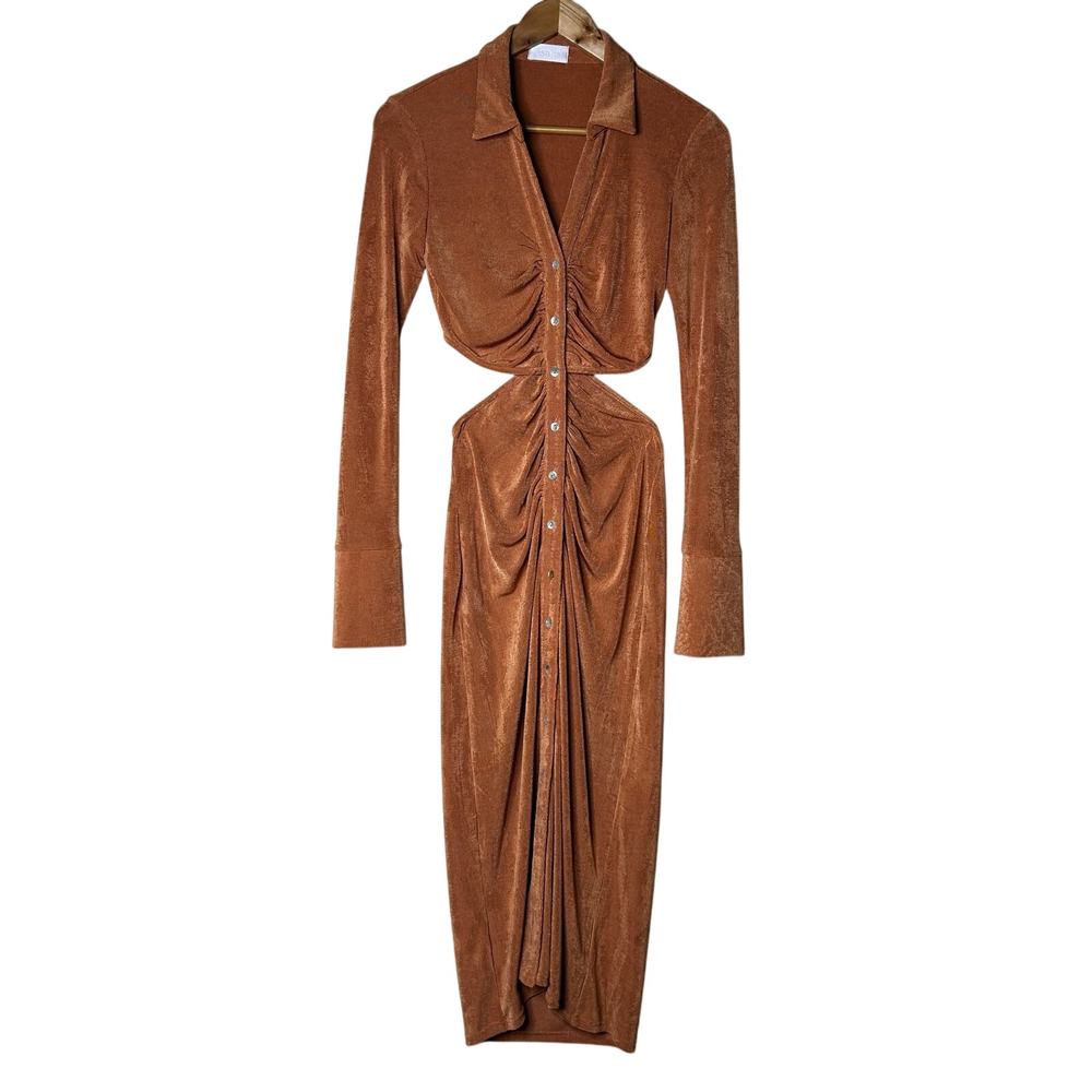 Isalis Dress Midi Button Down Front Split Back Long Sleeve V Neck Ruched Size‎ S